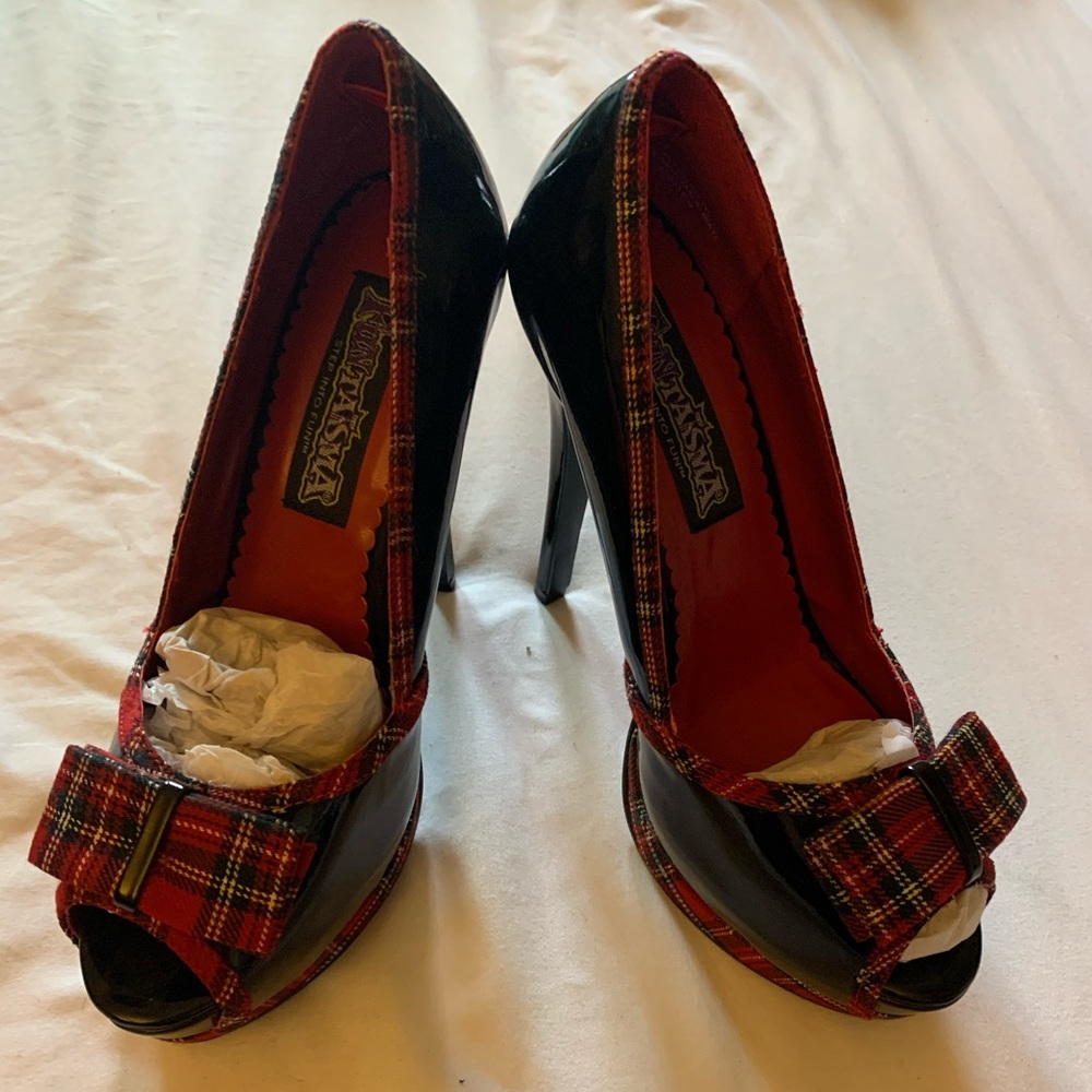 Black and red plaid heels